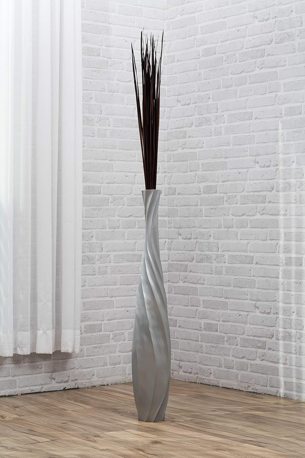 Large Silver Curved Floor Vase 85cm Tall Wooden Decor for Pampas Grass - Kwikley