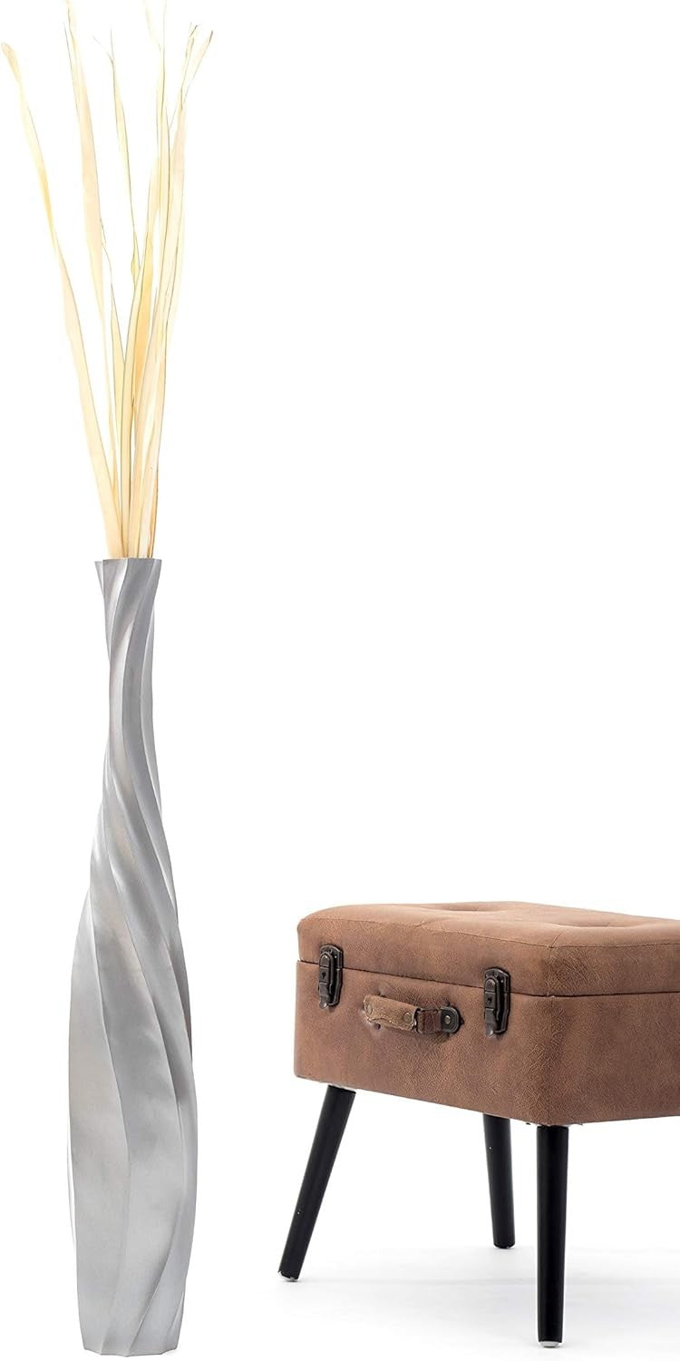 Large Silver Curved Floor Vase 85cm Tall Wooden Decor for Pampas Grass - Kwikley