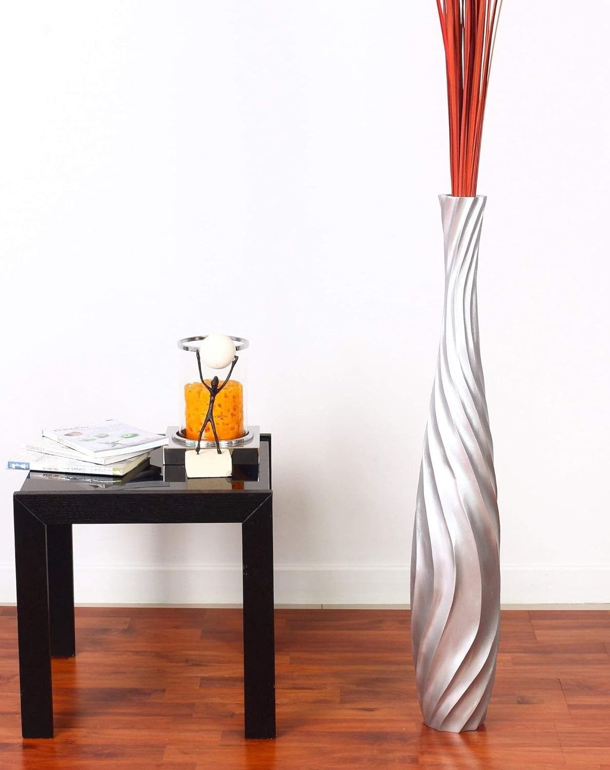 Large Silver Curved Floor Vase 85cm Tall Wooden Decor for Pampas Grass - Kwikley
