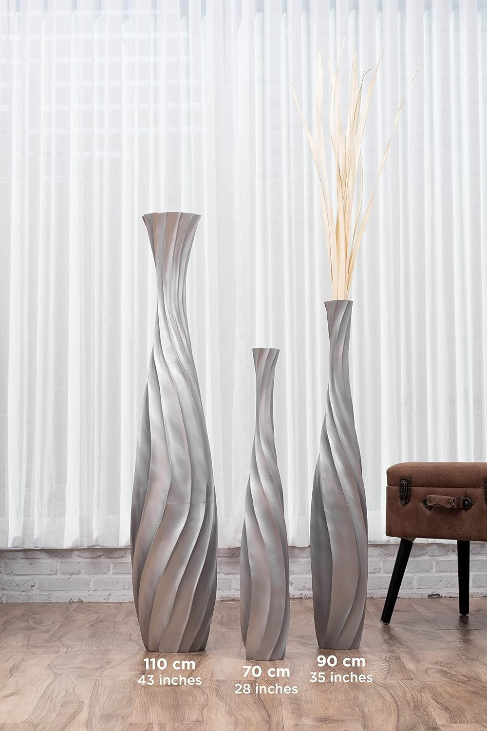Large Silver Curved Floor Vase 85cm Tall Wooden Decor for Pampas Grass - Kwikley