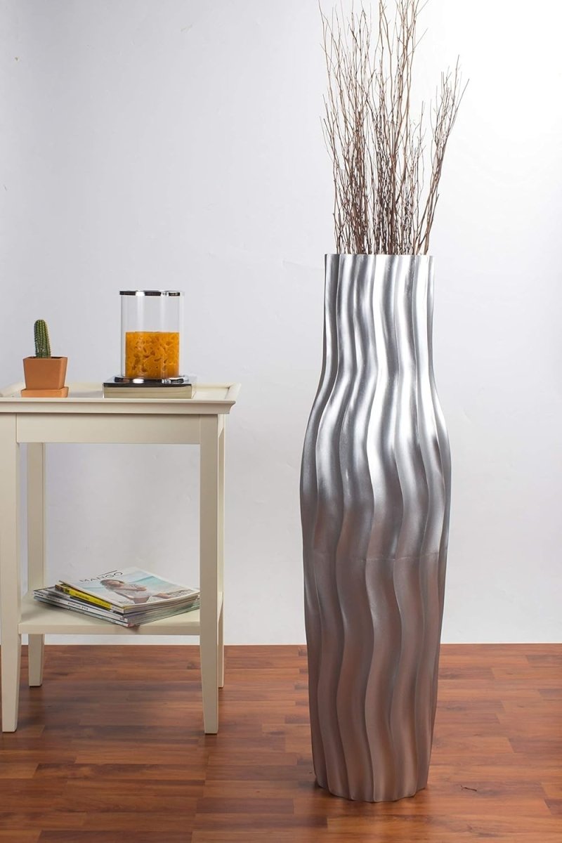Large Silver Floor Vase 85cm Tall Farmhouse Decorative Vase for Pampas - Kwikley