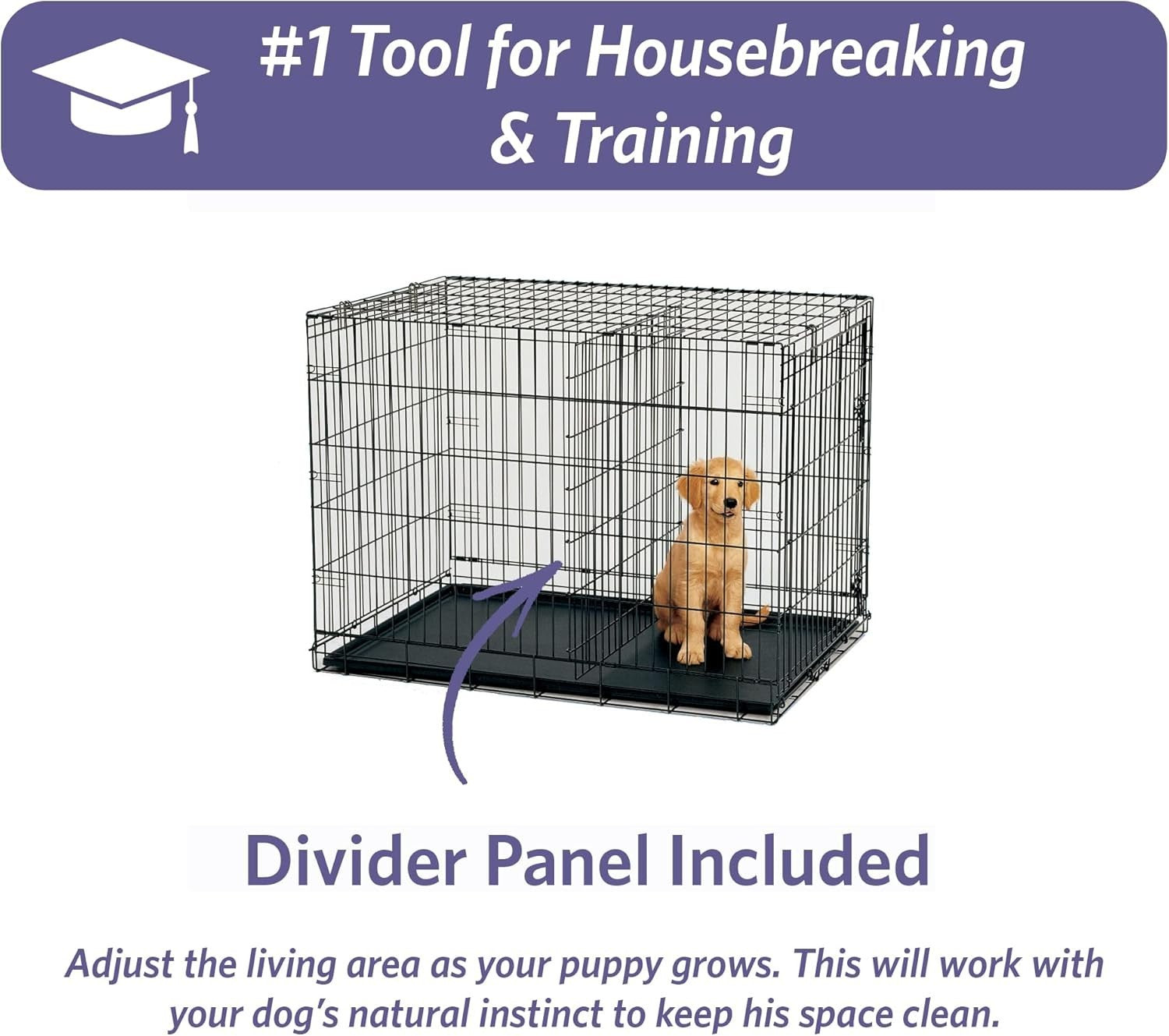 Large Single Door Dog Crate with Divider Panel, Leak - Proof Pan & Foldable - Kwikley