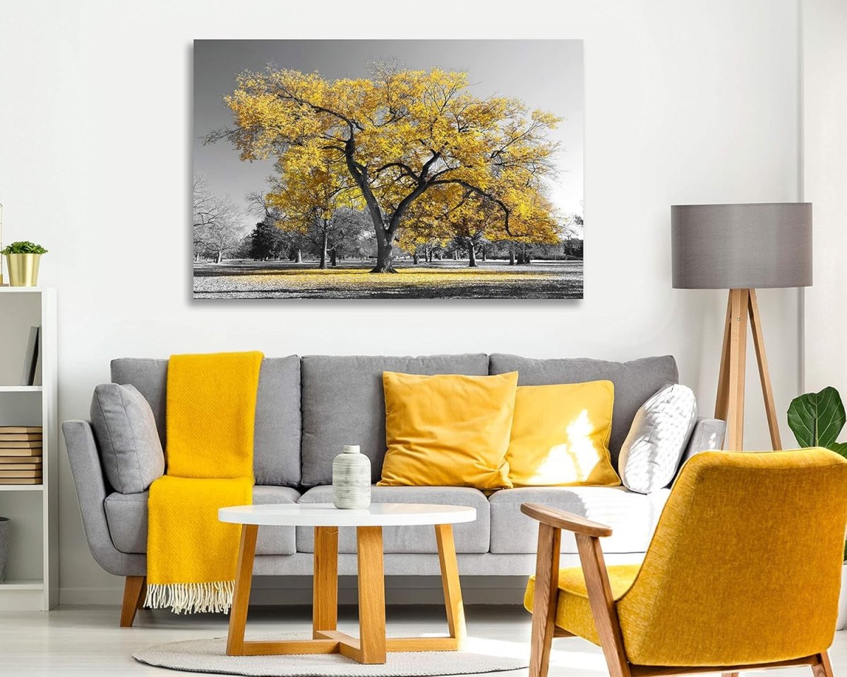 Large Tree Canvas Wall Art Yellow Leaves Black White 45x30cm - Kwikley