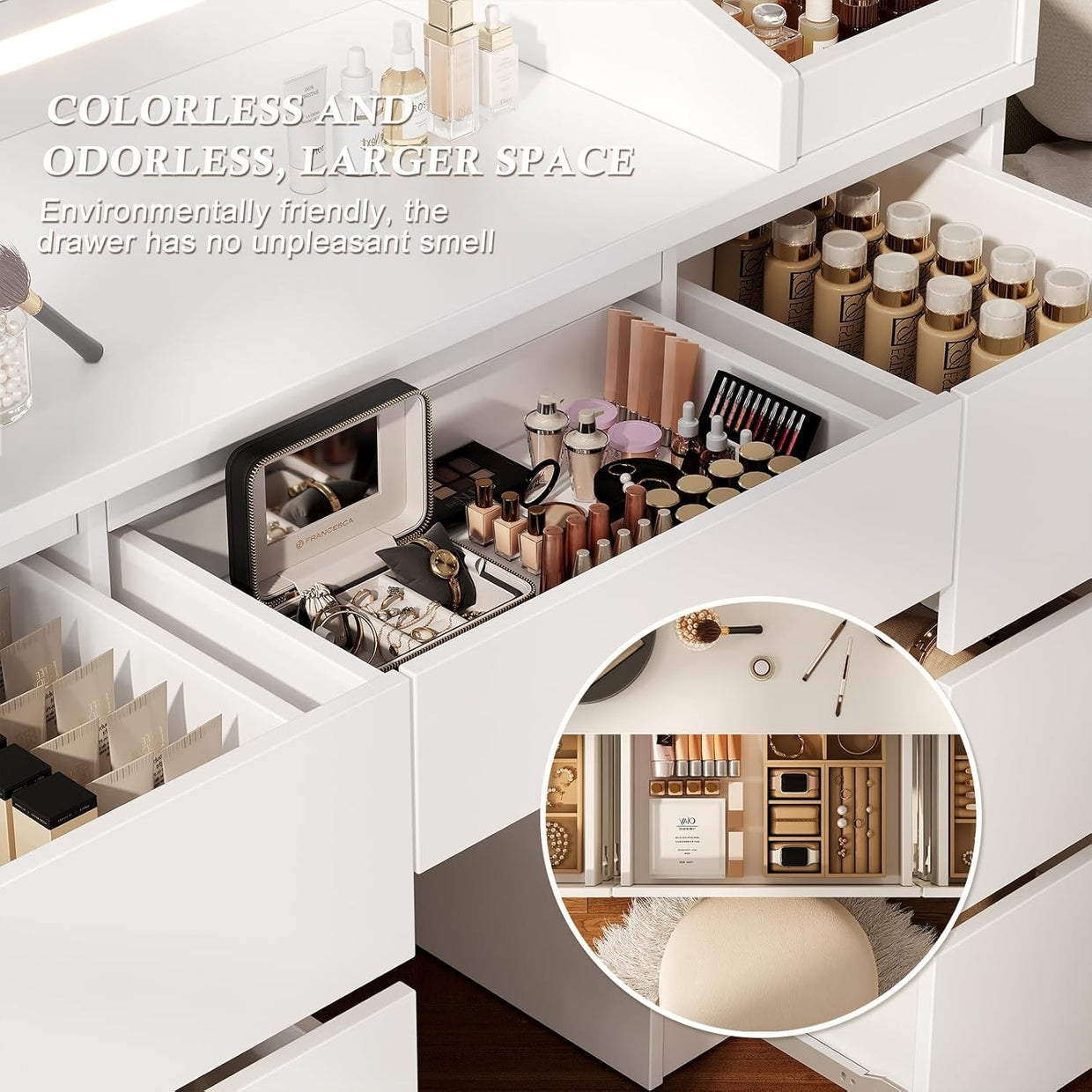Large Vanity Desk Set w/Mirror LED Lights 7 Drawers Open Storage White Modern - Kwikley