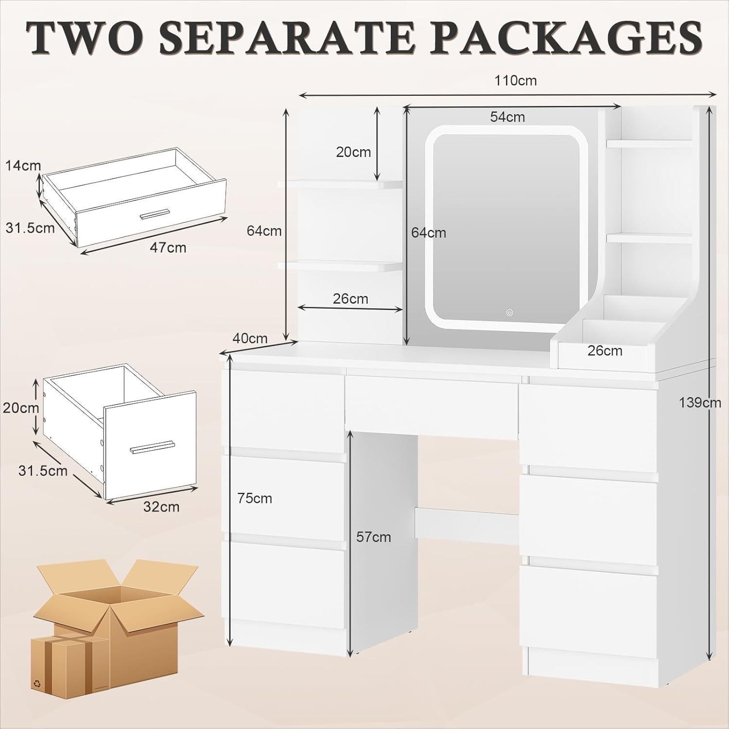 Large Vanity Desk Set w/Mirror LED Lights 7 Drawers Open Storage White Modern - Kwikley