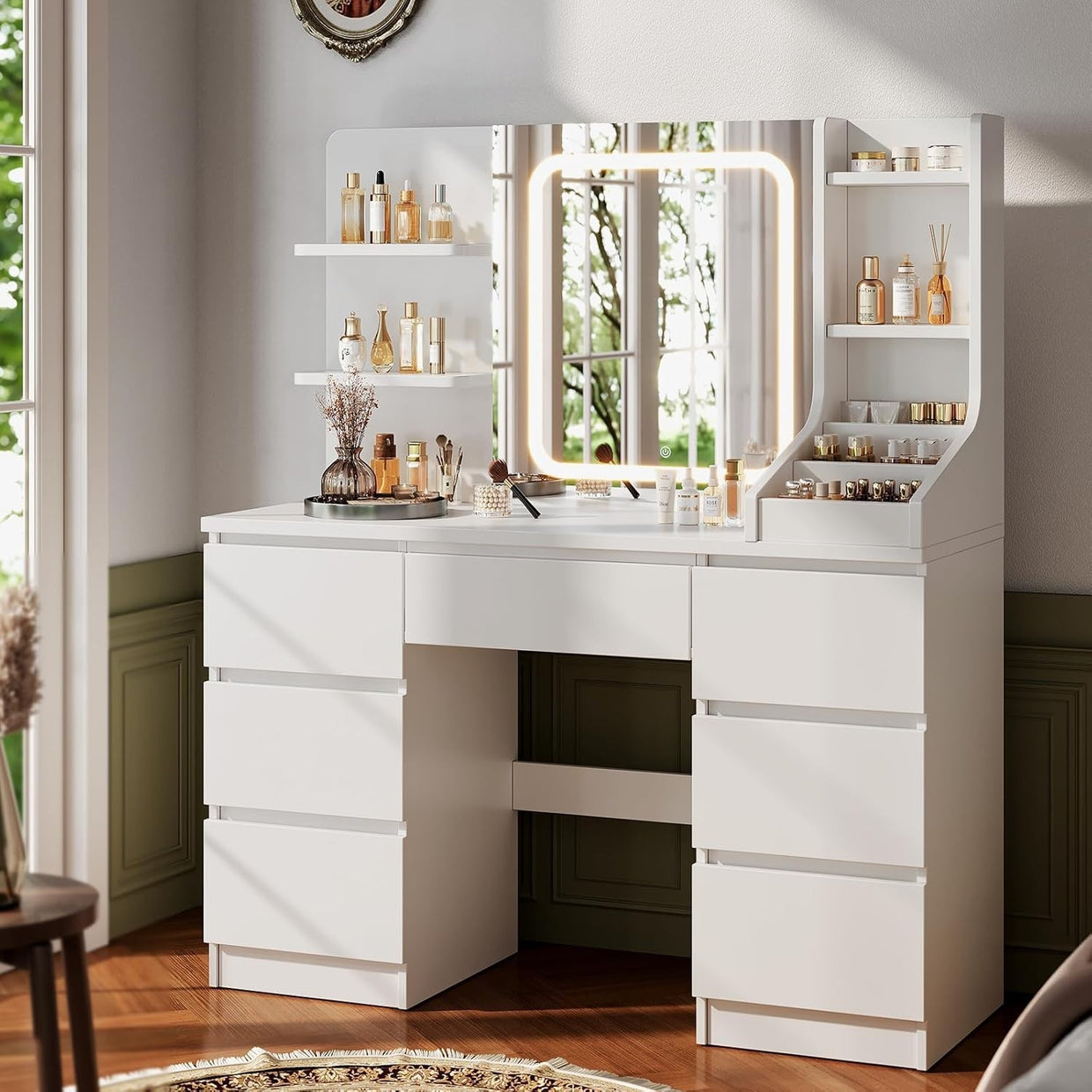 Large Vanity Desk Set w/Mirror LED Lights 7 Drawers Open Storage White Modern - Kwikley