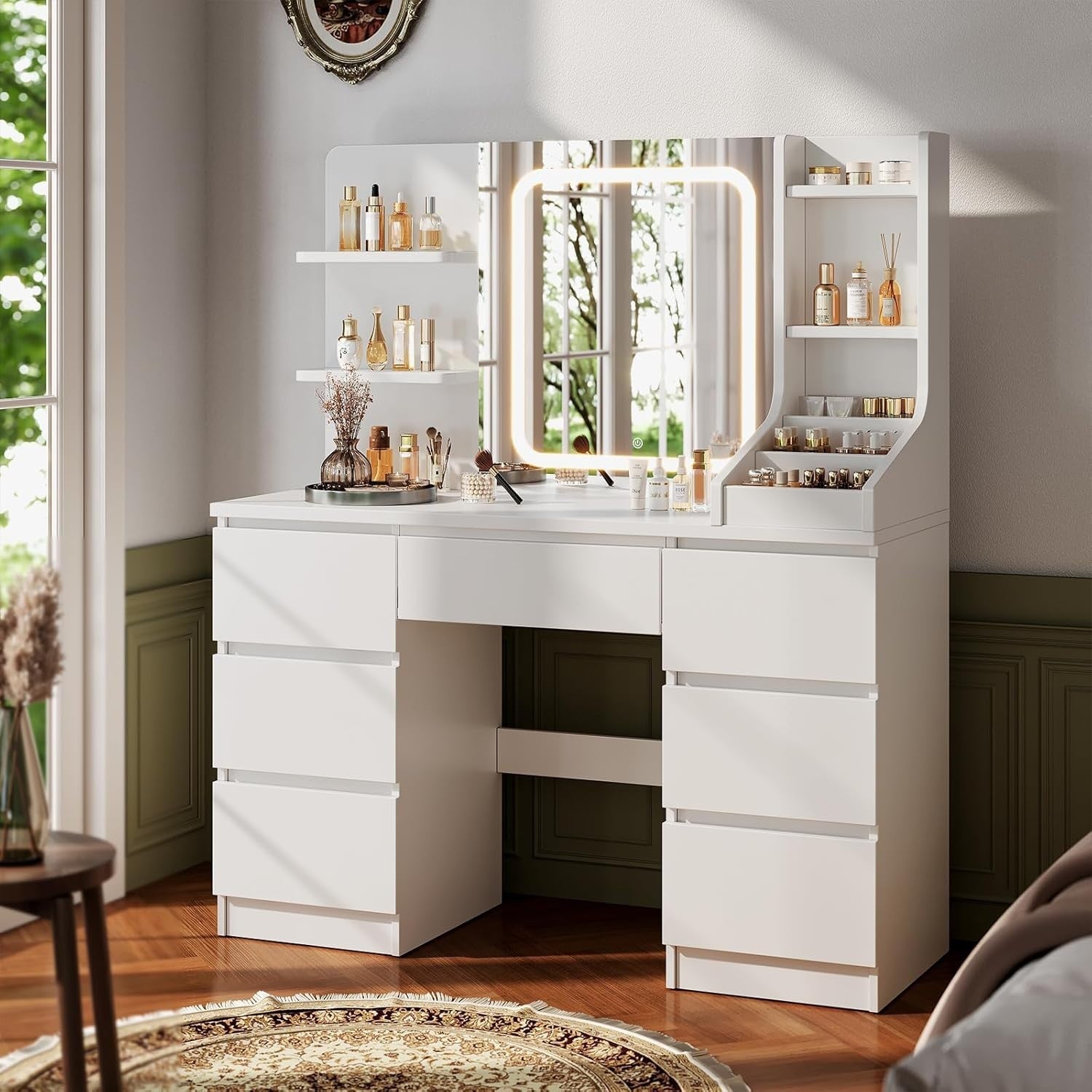 Large Vanity Desk Set w/Mirror LED Lights 7 Drawers Open Storage White Modern - Kwikley