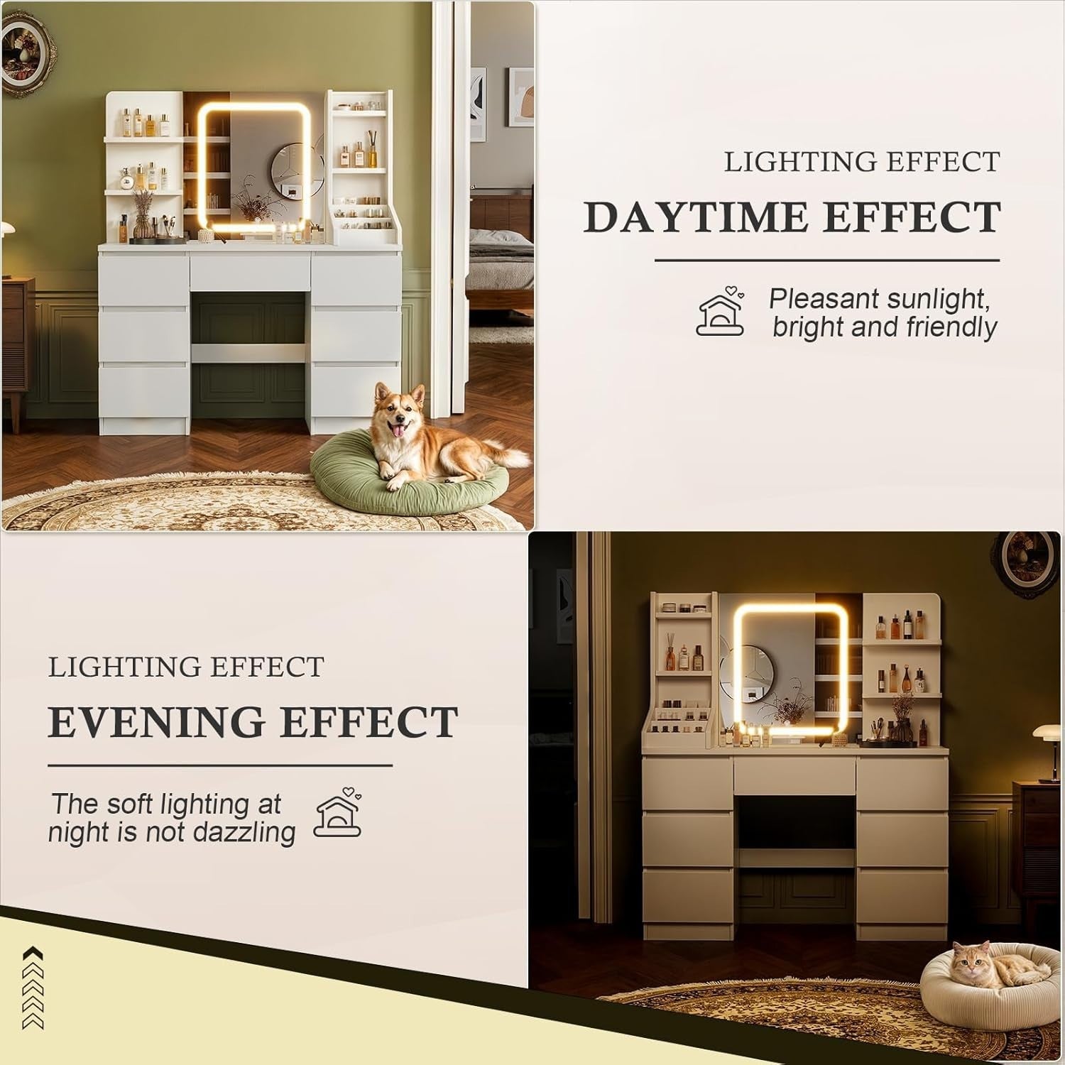 Large Vanity Desk Set w/Mirror LED Lights 7 Drawers Open Storage White Modern - Kwikley