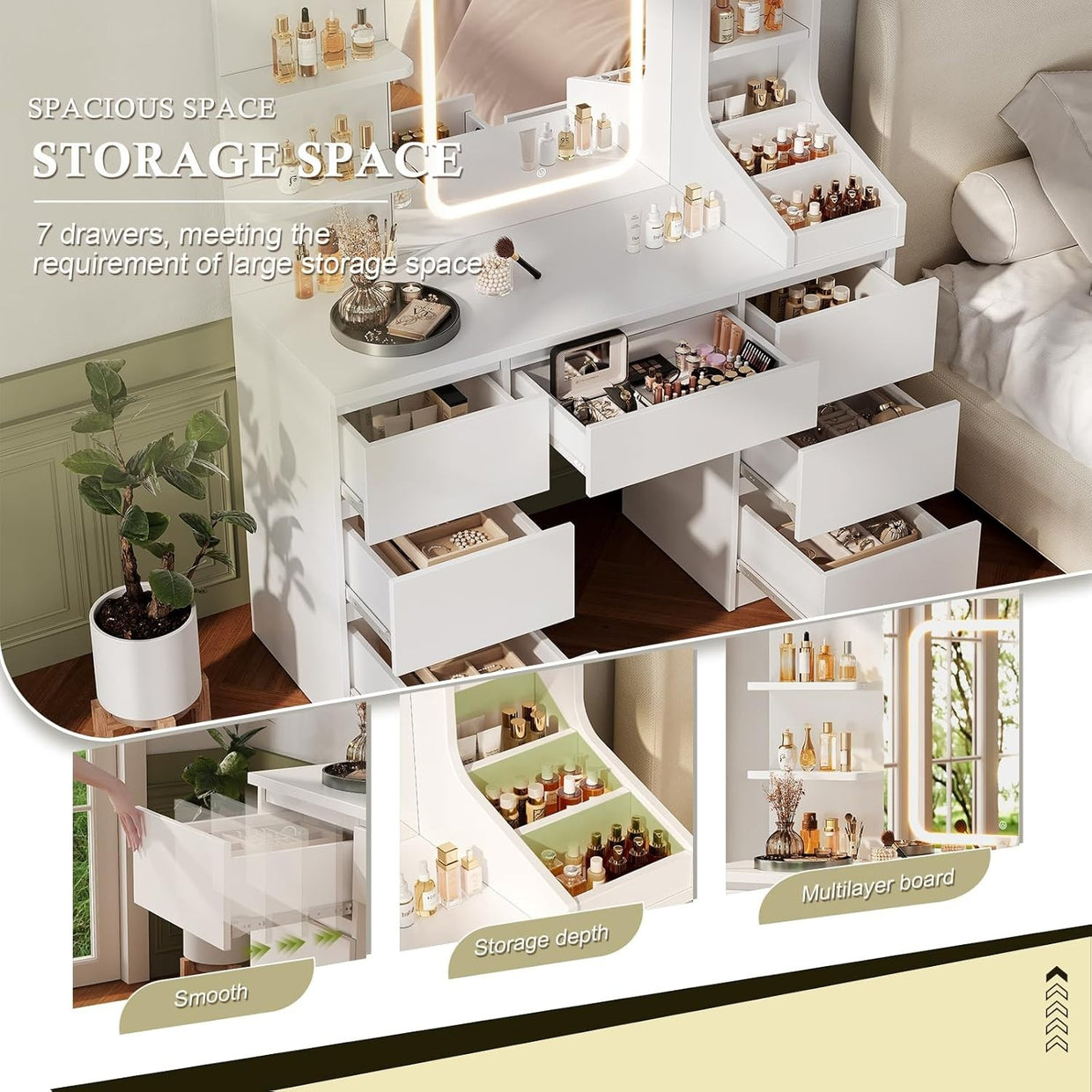 Large Vanity Desk Set w/Mirror LED Lights 7 Drawers Open Storage White Modern - Kwikley