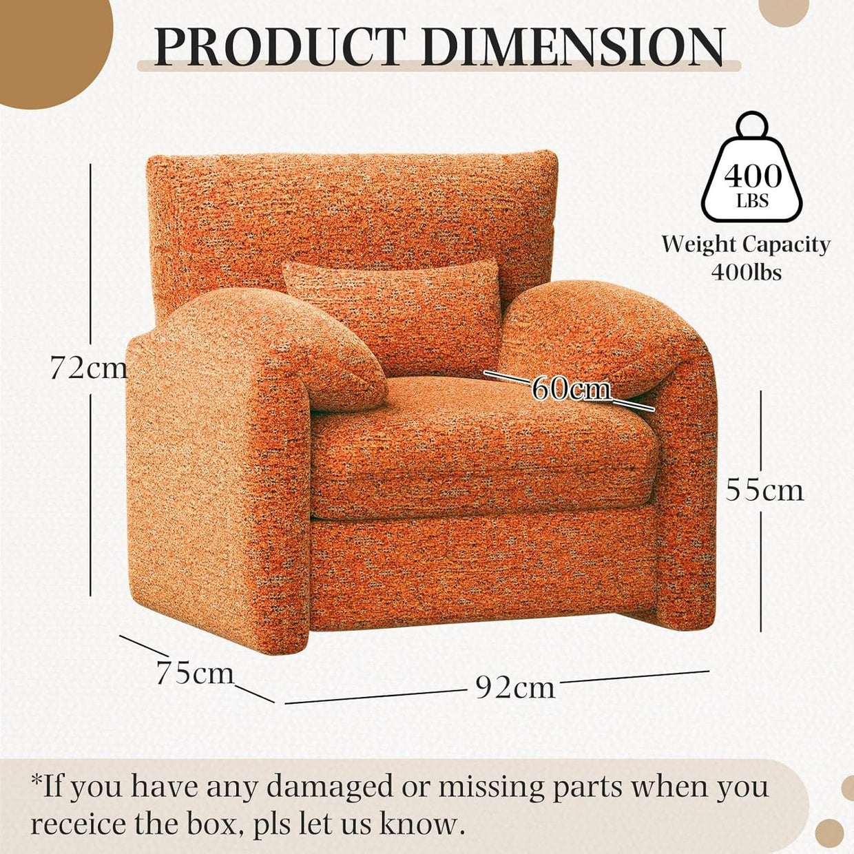 Large Velvet Armchair Sofa Chair w/ Lumbar Pillow - Orange Accent Seat - Kwikley