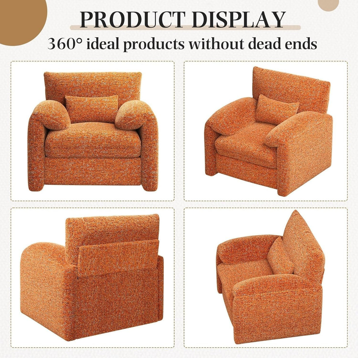 Large Velvet Armchair Sofa Chair w/ Lumbar Pillow - Orange Accent Seat - Kwikley
