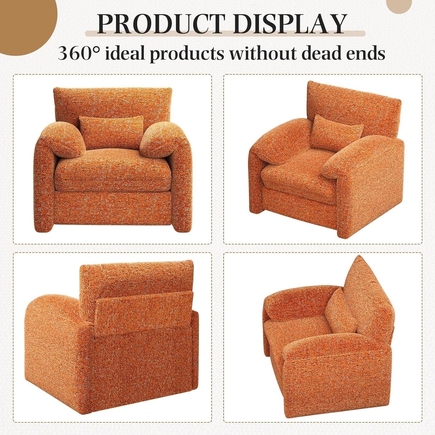 Large Velvet Armchair Sofa Chair w/ Lumbar Pillow - Orange Accent Seat - Kwikley