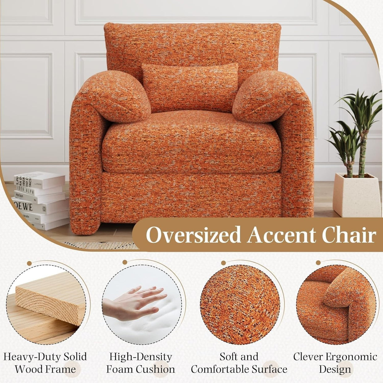 Large Velvet Armchair Sofa Chair w/ Lumbar Pillow - Orange Accent Seat - Kwikley