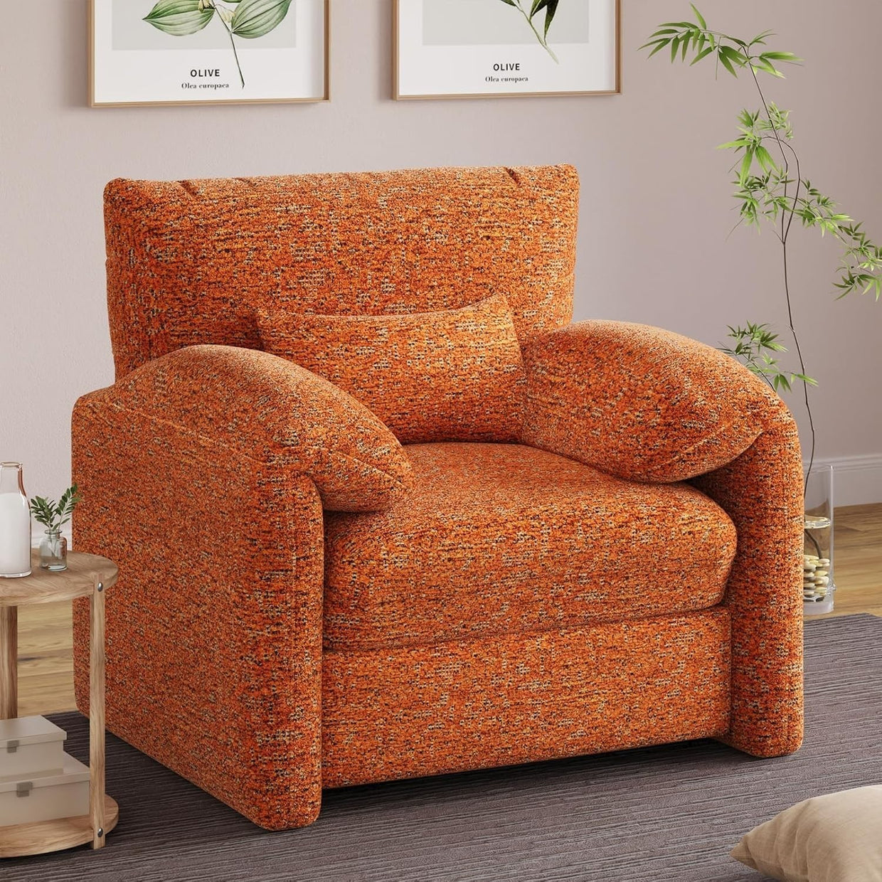 Large Velvet Armchair Sofa Chair w/ Lumbar Pillow - Orange Accent Seat - Kwikley