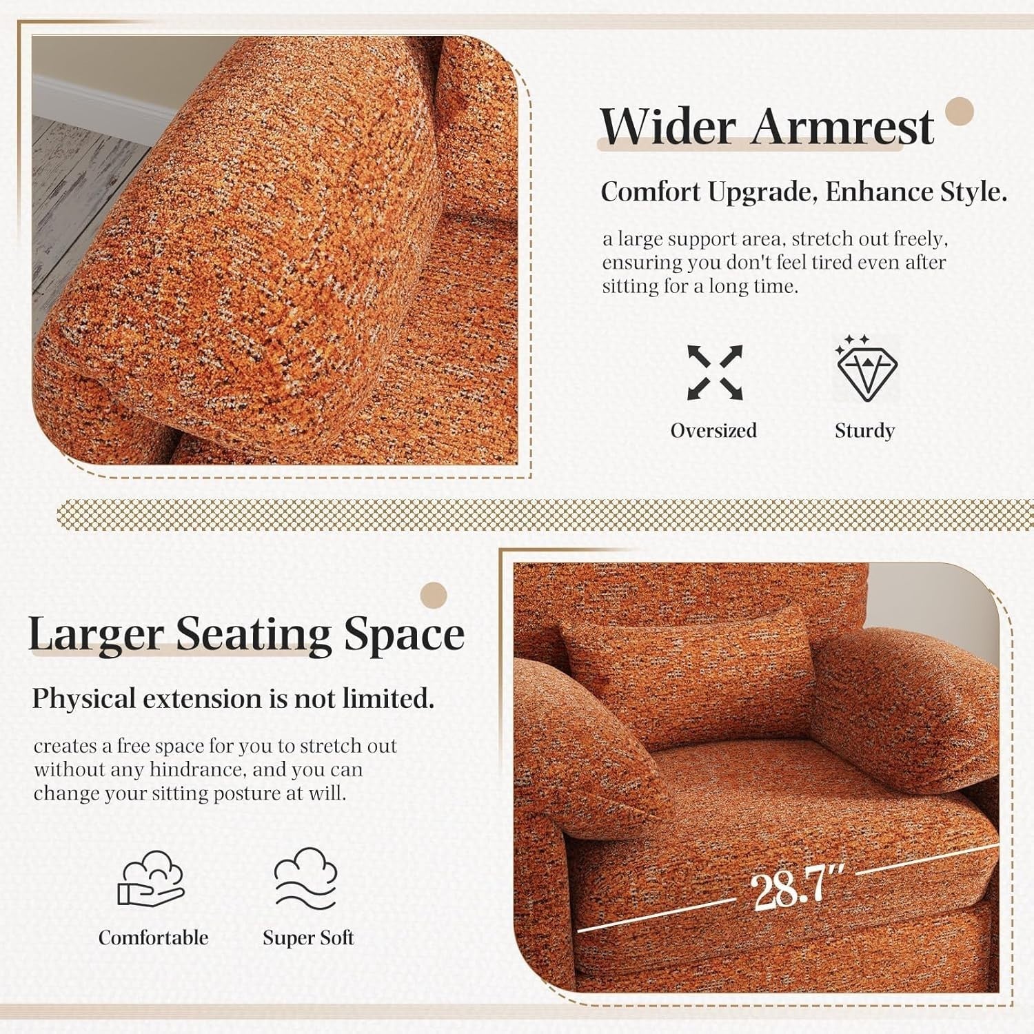Large Velvet Armchair Sofa Chair w/ Lumbar Pillow - Orange Accent Seat - Kwikley