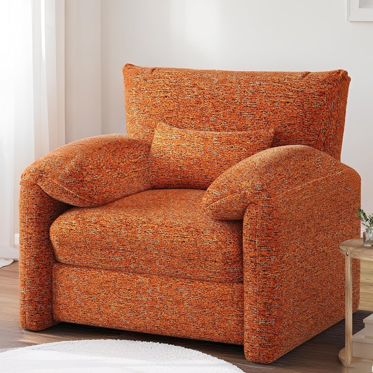 Large Velvet Armchair Sofa Chair w/ Lumbar Pillow - Orange Accent Seat - Kwikley