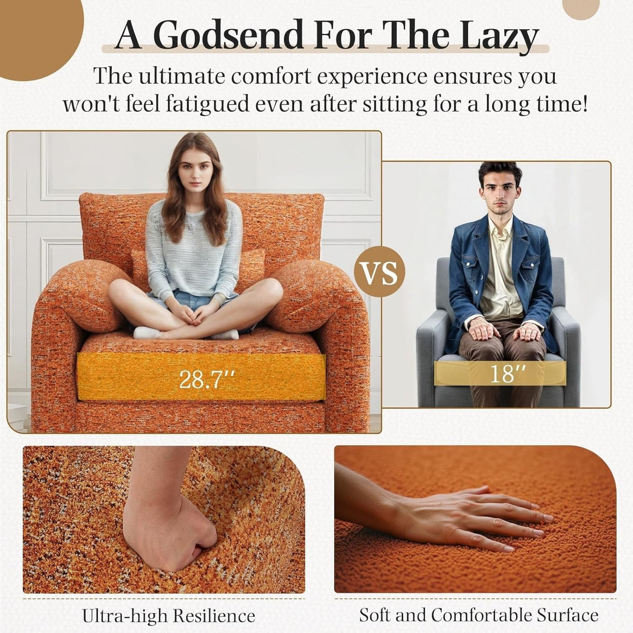 Large Velvet Armchair Sofa Chair w/ Lumbar Pillow - Orange Accent Seat - Kwikley