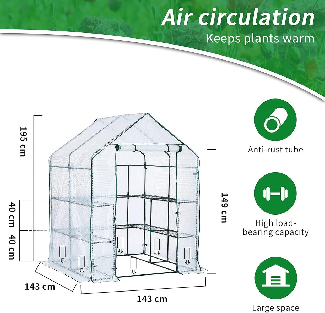 Large Walk - In Greenhouse 10 Shelves | Reinforced PE Cover | Heavy Steel Frame - Kwikley