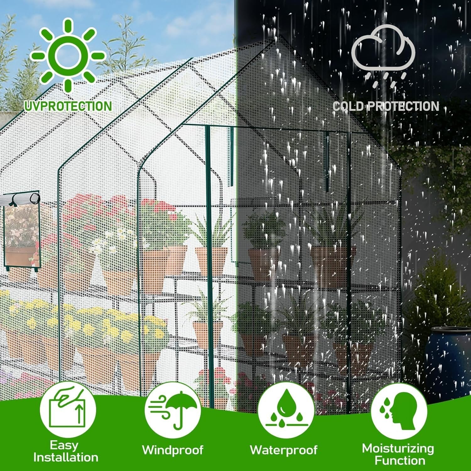 Large Walk - In Greenhouse 3 Tier 12 Shelf White PE Cover Steel Frame Outdoor Tent - Kwikley