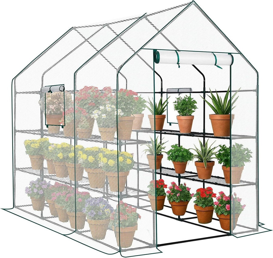 Large Walk - In Greenhouse 3 Tier 12 Shelf White PE Cover Steel Frame Outdoor Tent - Kwikley