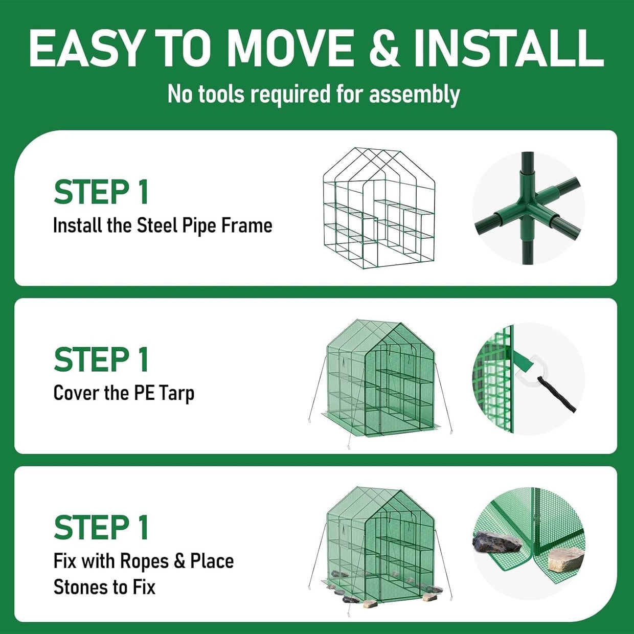 Large Walk - In Greenhouse 3 Tier | Reinforced Steel Frame | Waterproof PE Cover - Kwikley