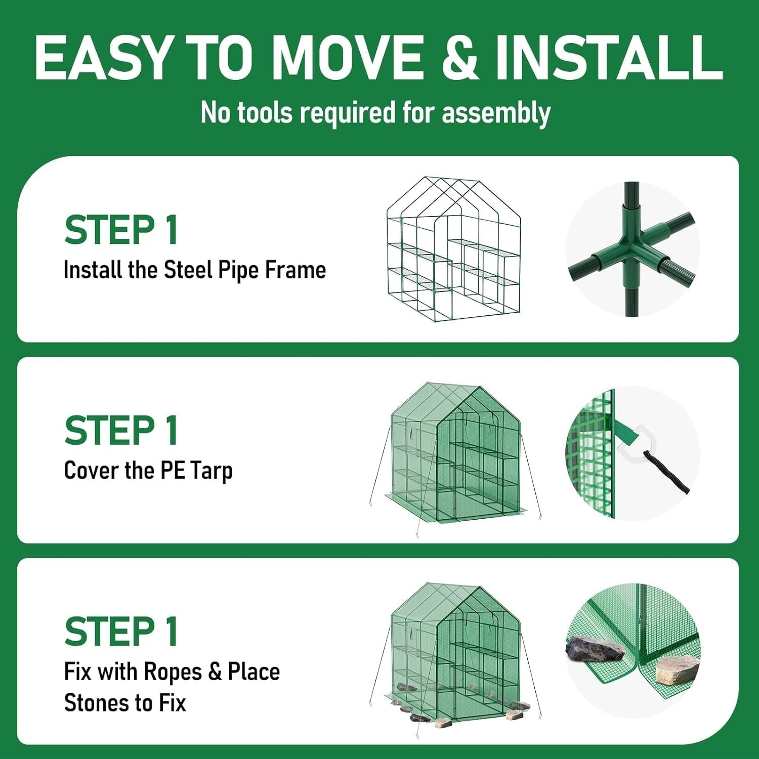 Large Walk - In Greenhouse 3 Tier | Reinforced Steel Frame | Waterproof PE Cover - Kwikley