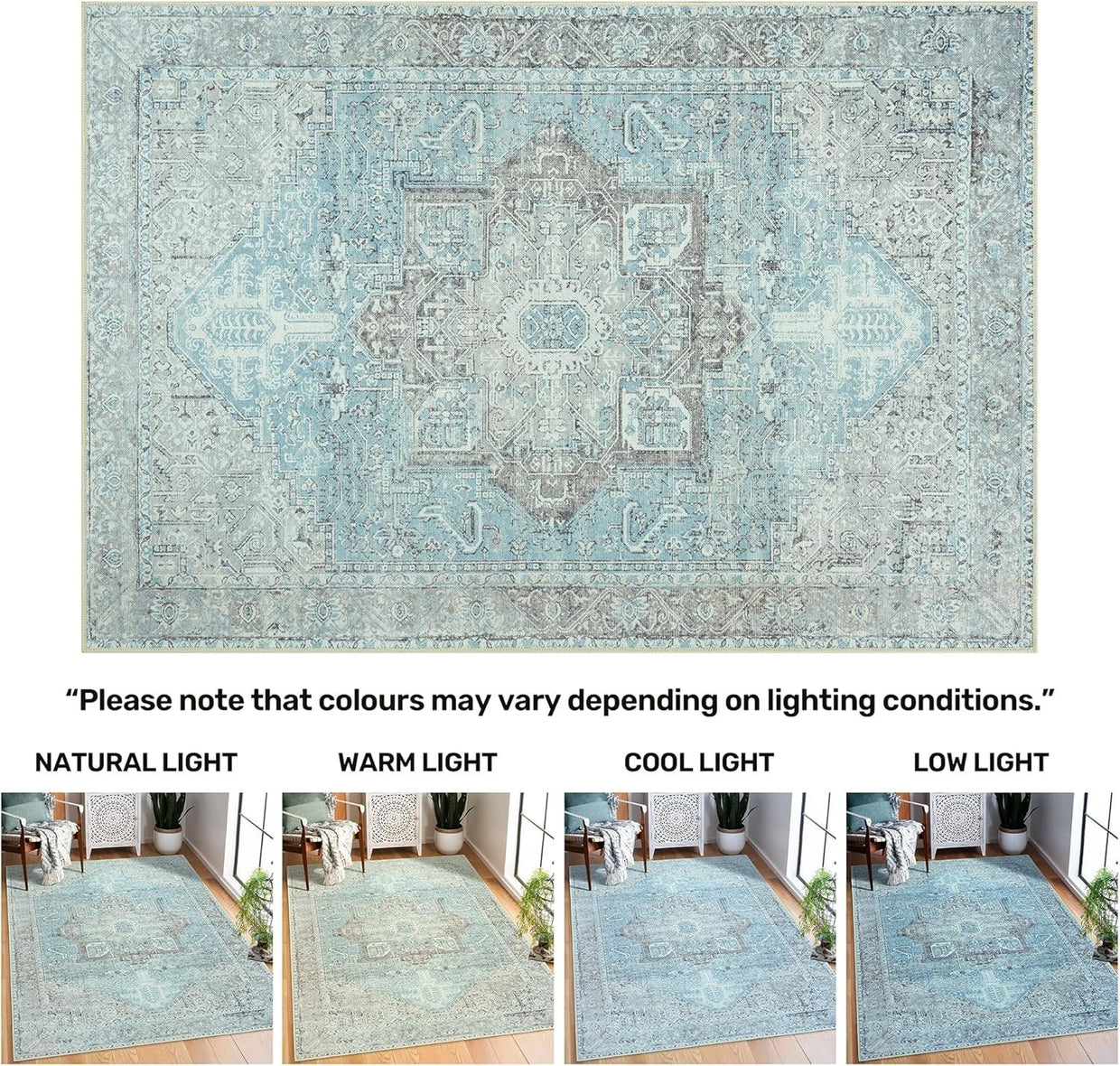 Large Washable Rug 200x290cm Non - Slip Soft Area Carpet Daylight Blue Silver - Kwikley