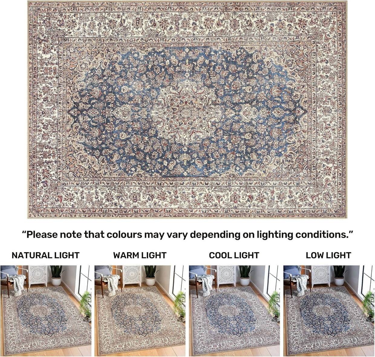 Large Washable Rug 200x290cm Non - Slip Vintage Floral Area Carpet Living Room - Kwikley