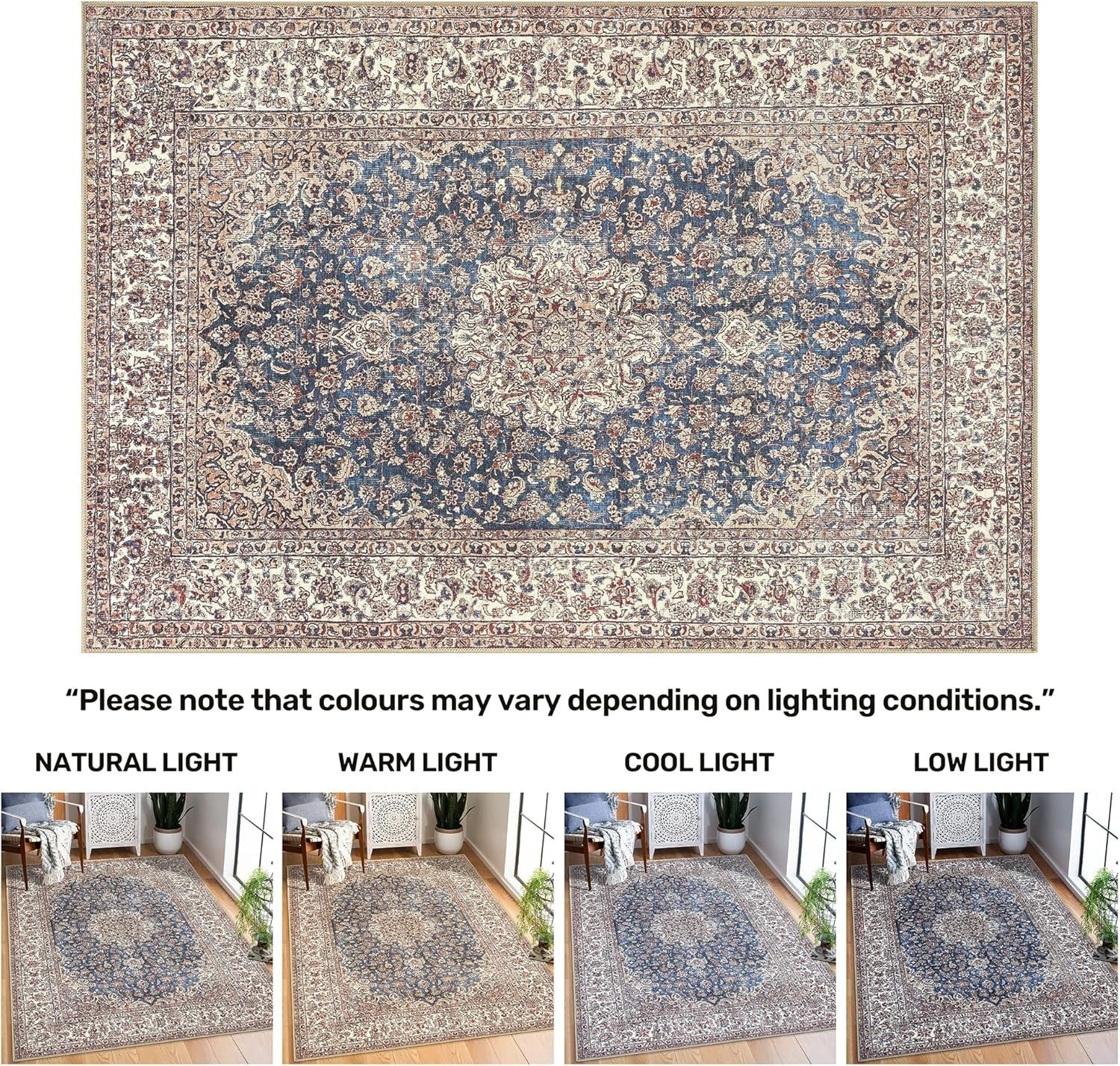 Large Washable Rug 200x290cm Non - Slip Vintage Floral Area Carpet Living Room - Kwikley