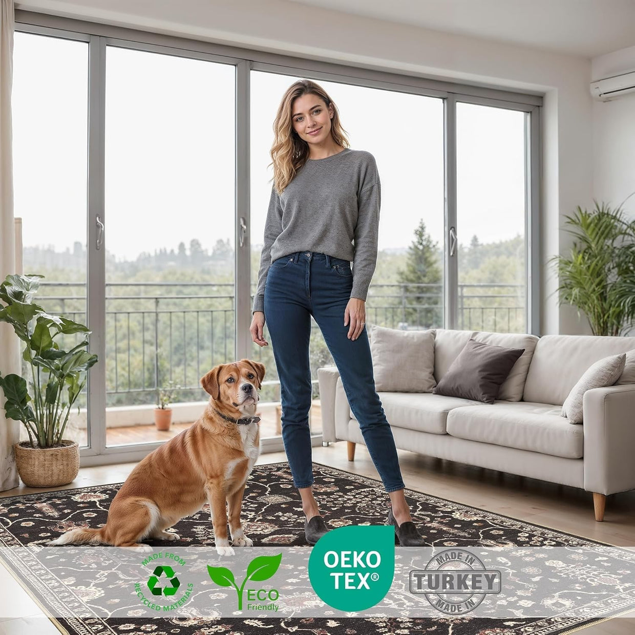 Large Washable Rug 200x290cm Non - Slip Vintage Pattern Area Carpet Living Room - Kwikley