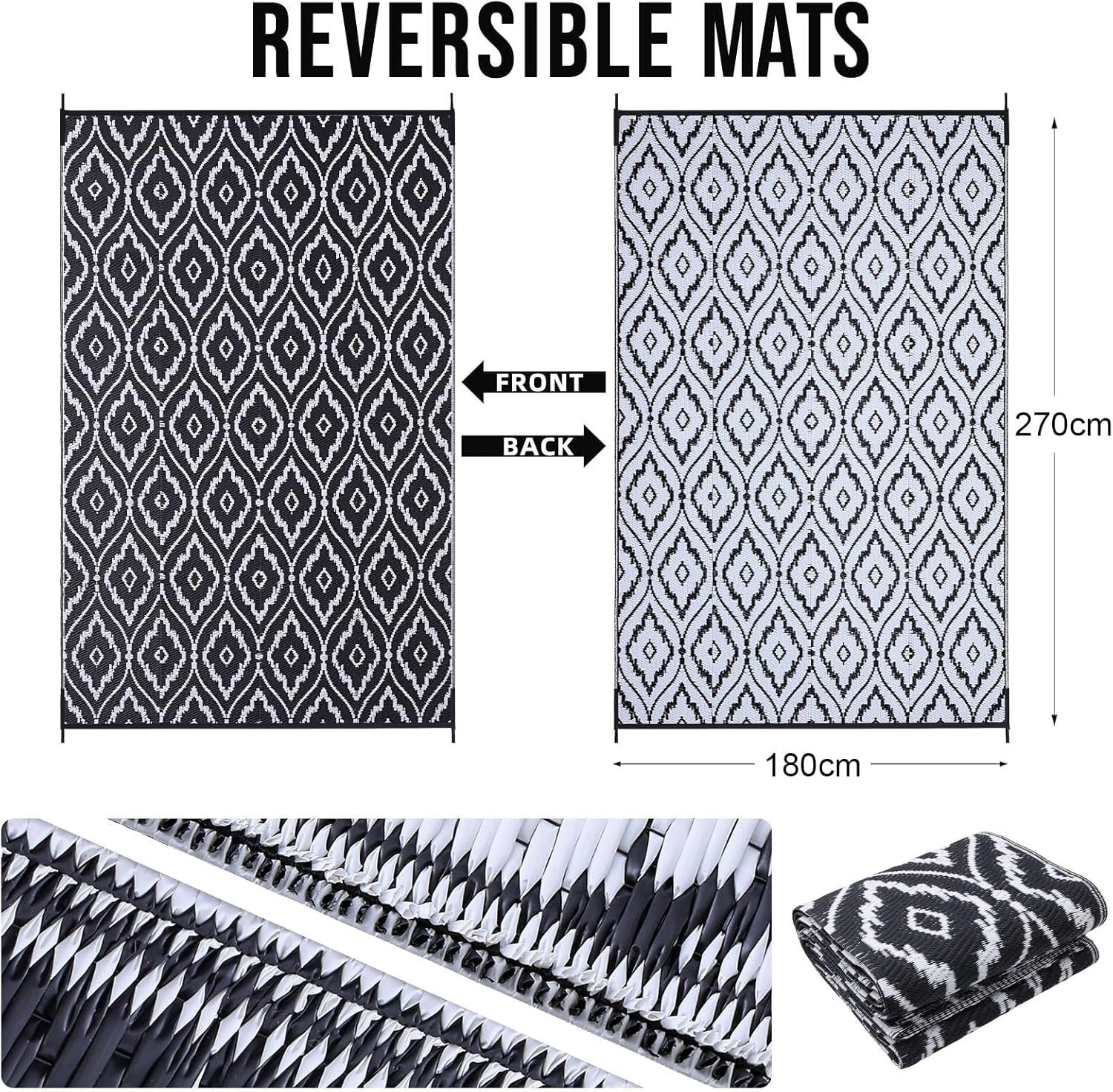 Large Waterproof Outdoor Rug 180x270cm Reversible UV Patio Garden Mat - Kwikley