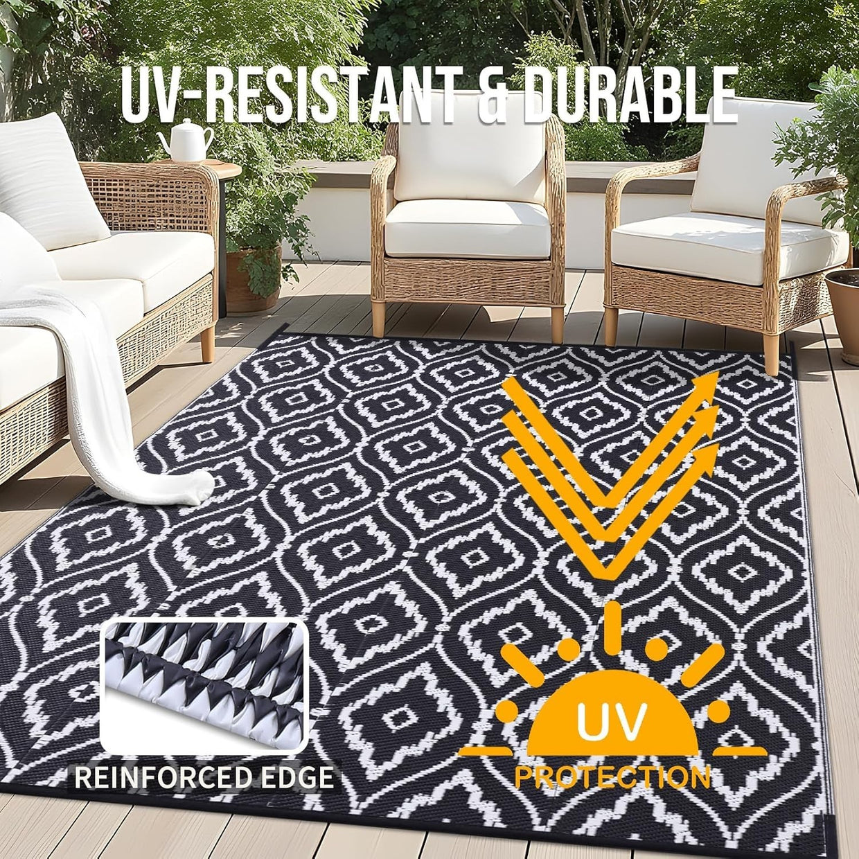 Large Waterproof Outdoor Rug 180x270cm Reversible UV Patio Garden Mat - Kwikley
