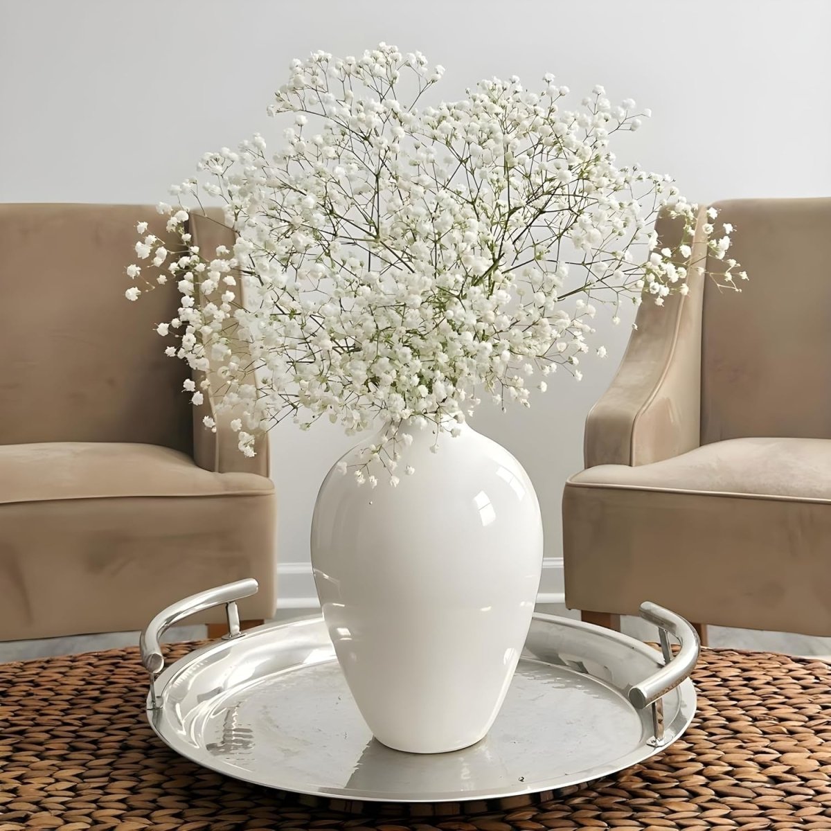 Large White Ceramic Vase 25cm Tall Glossy Flower Pampas Grass Decor - Kwikley
