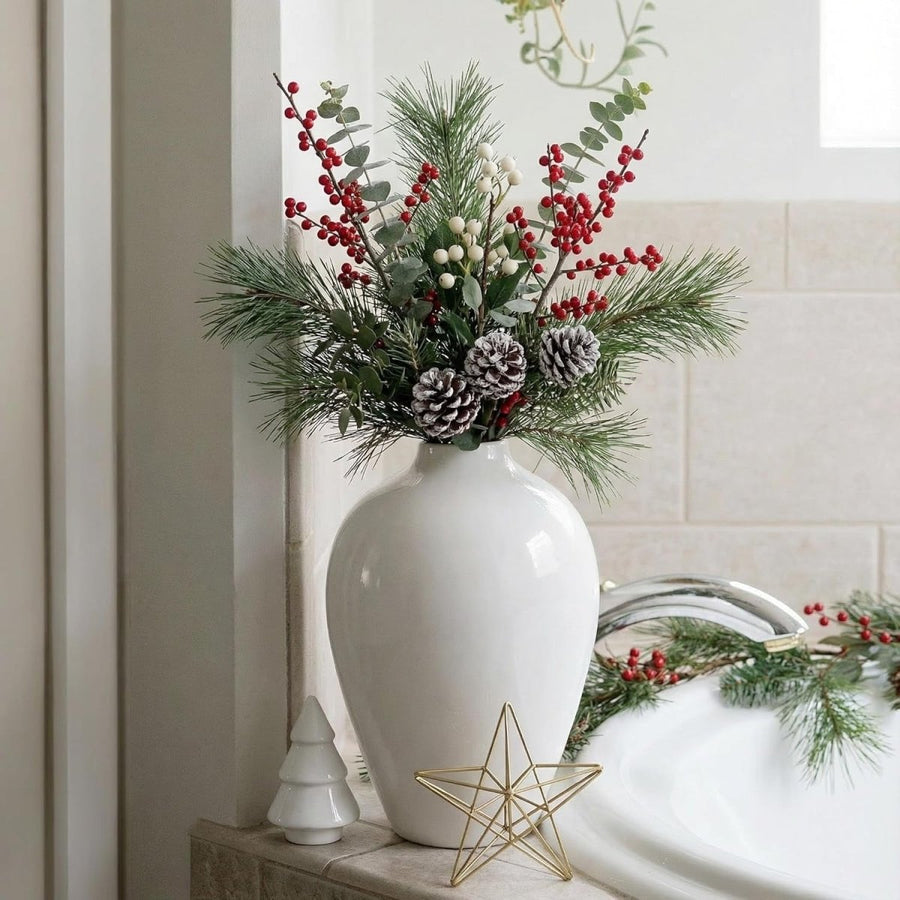 Large White Ceramic Vase 25cm Tall Glossy Flower Pampas Grass Decor - Kwikley