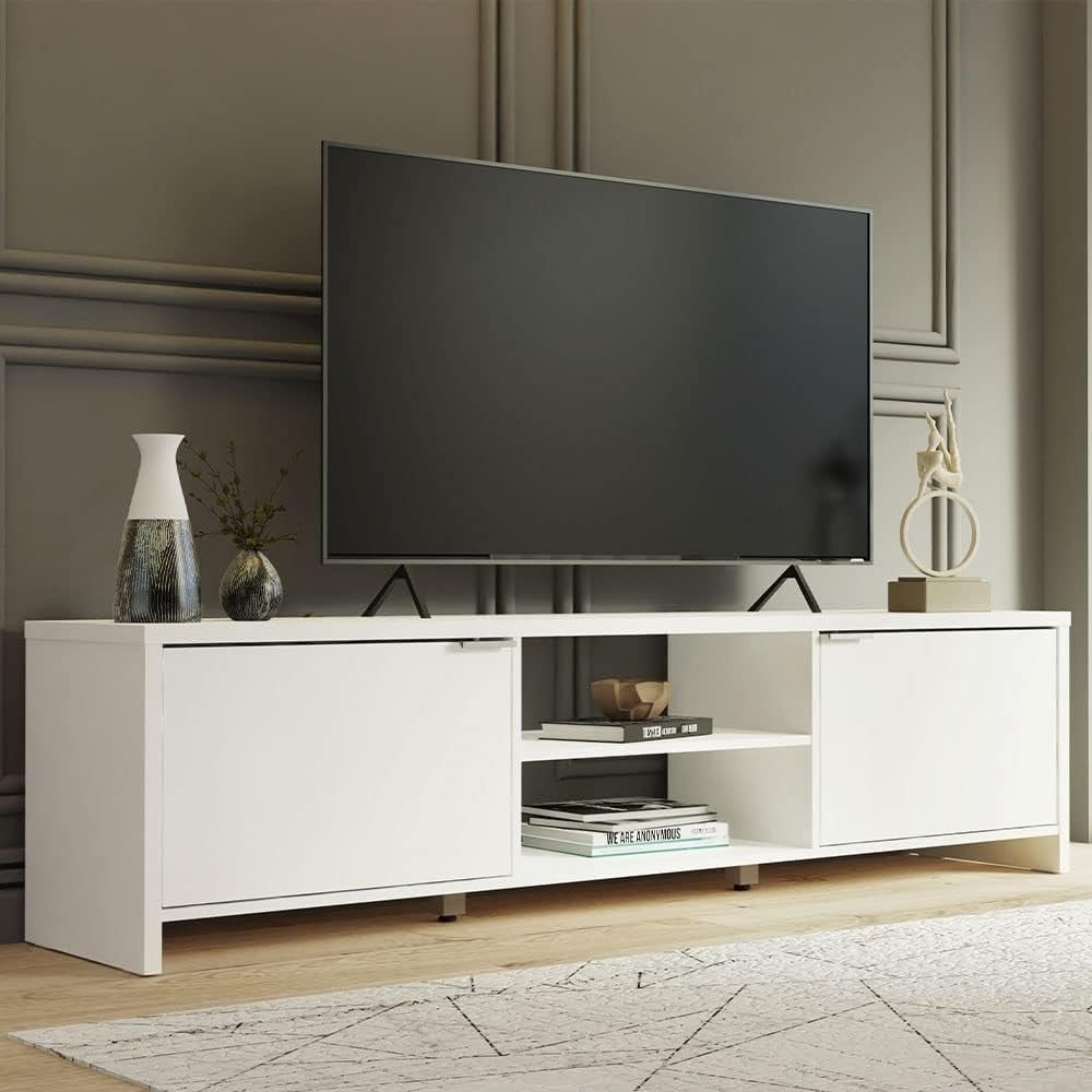 Large White TV Stand for 65" TVs with Cable Management & Storage Shelves - Kwikley