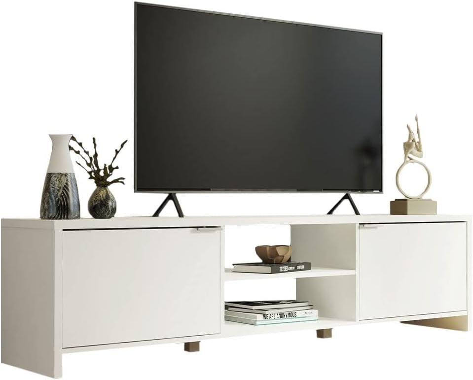 Large White TV Stand for 65" TVs with Cable Management & Storage Shelves - Kwikley