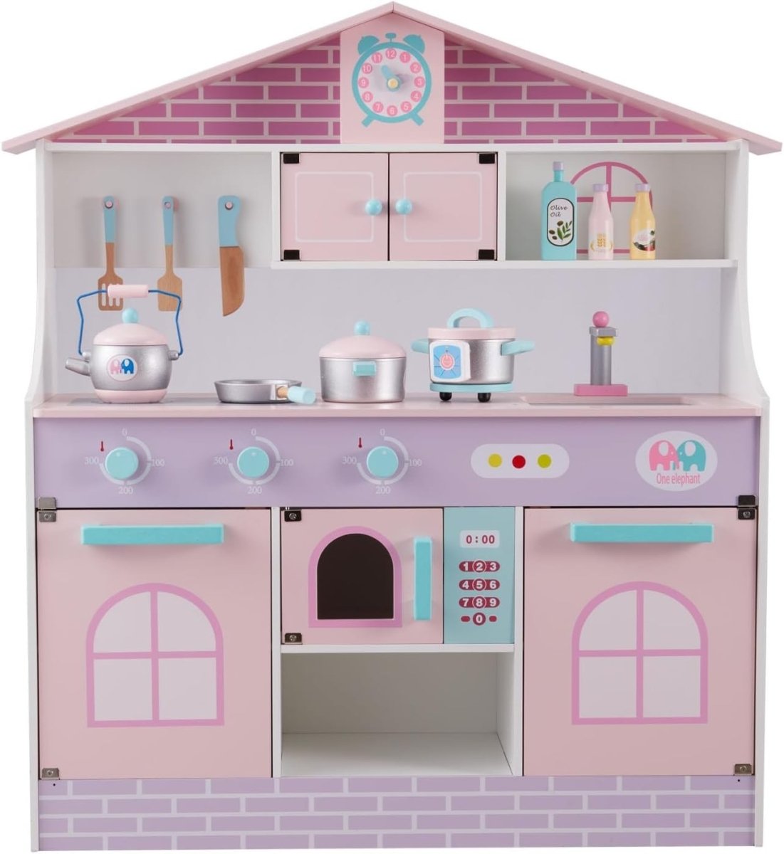 Large Wooden Kids Play Kitchen Pink Purple w/ Microwave Accessories - Kwikley