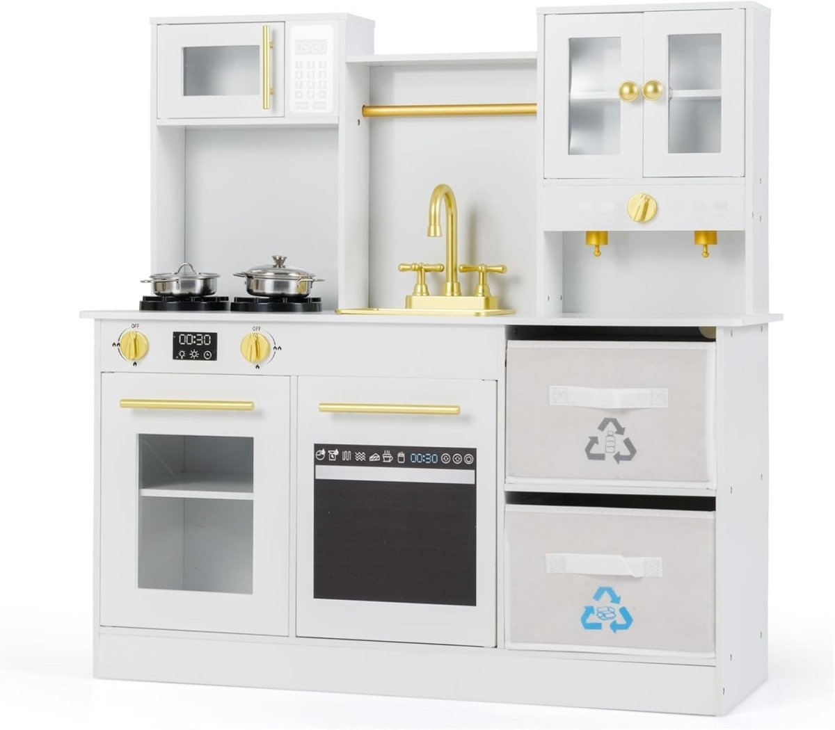 Large Wooden Kids Play Kitchen White w/ Lights Sounds Microwave - Kwikley