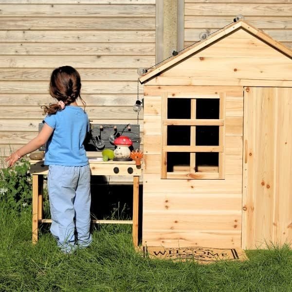 Large Wooden Kids Playhouse Outdoor w Floor Mud Kitchen Working Tap - Kwikley