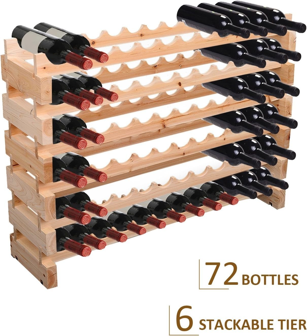 Large Wooden Wine Rack 6 Tier Shelf for 72 Bottles – Freestanding Storage Holder - Kwikley
