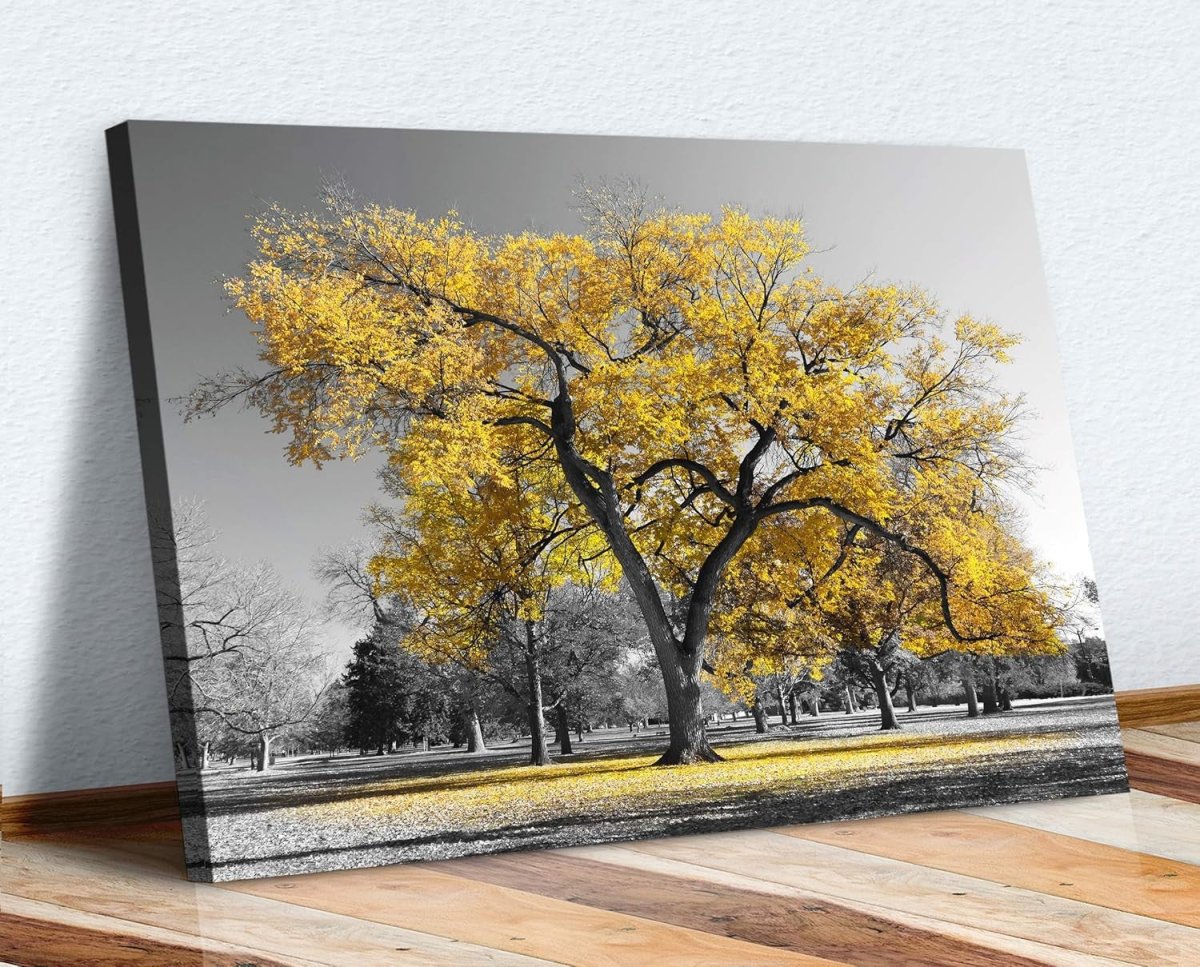Large Yellow Tree Canvas Wall Art Black White Print 61x40cm - Kwikley