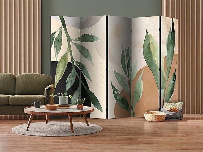 Leaf Print 5 Panel Room Divider 225x172cm Double Sided Acoustic Screen Decor - Kwikley
