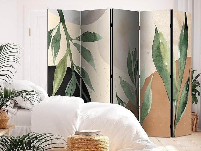 Leaf Print 5 Panel Room Divider 225x172cm Double Sided Acoustic Screen Decor - Kwikley