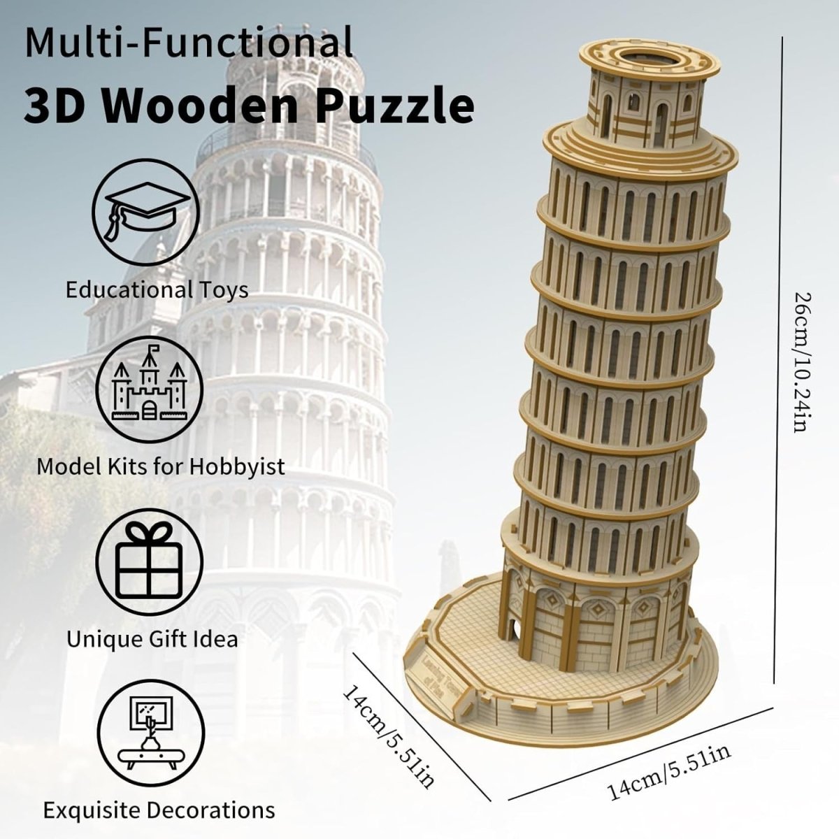 Leaning Tower of Pisa 3D Wooden Puzzle DIY Architecture Model 151PCS - Kwikley