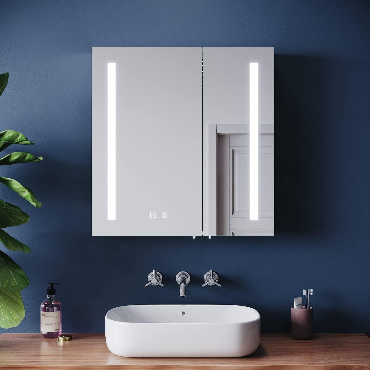 LED Bathroom Mirror Cabinet 630x650mm Demister Shaver Socket Storage - Kwikley