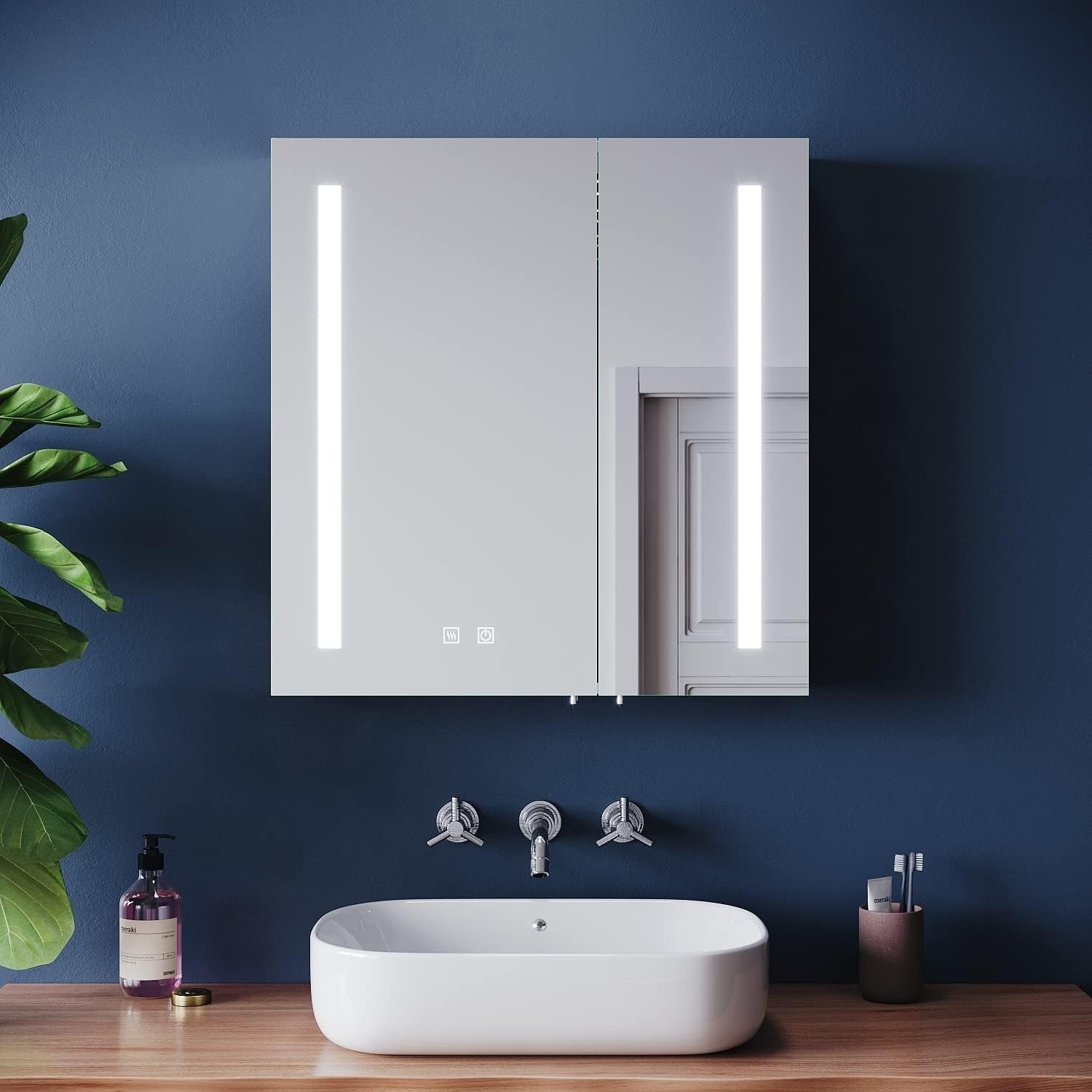 LED Bathroom Mirror Cabinet 630x650mm Demister Shaver Socket Storage - Kwikley