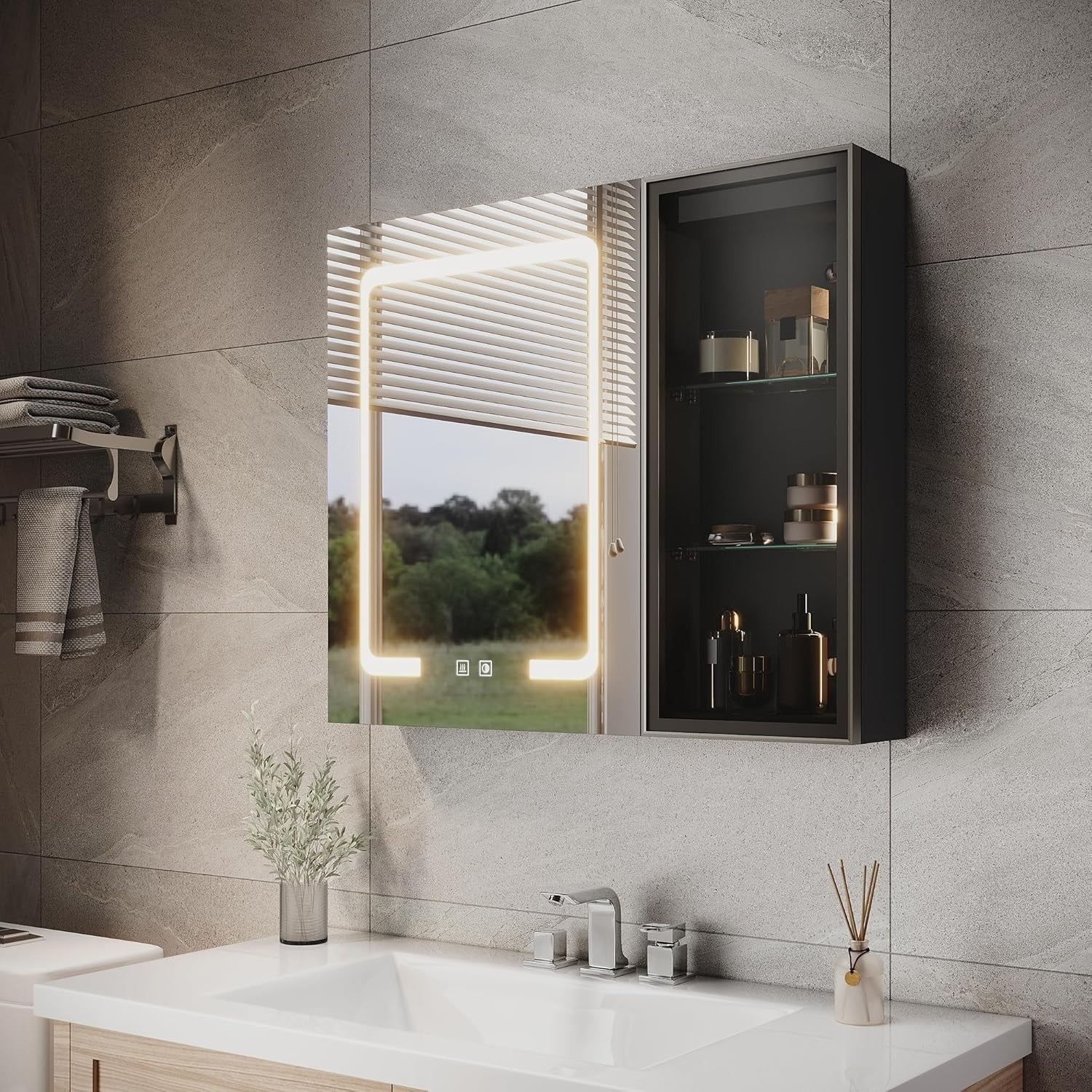 LED Bathroom Mirror Cabinet 700x600mm Wall Mounted with Anti - Fog & Storage - Kwikley