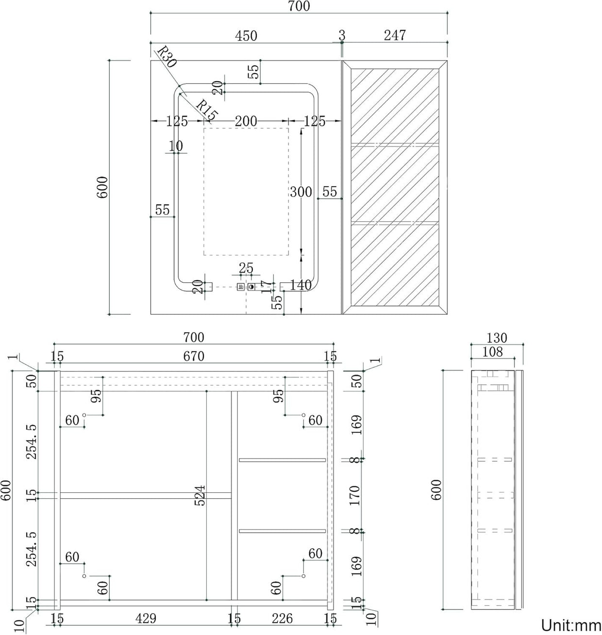LED Bathroom Mirror Cabinet 700x600mm Wall Mounted with Anti - Fog & Storage - Kwikley