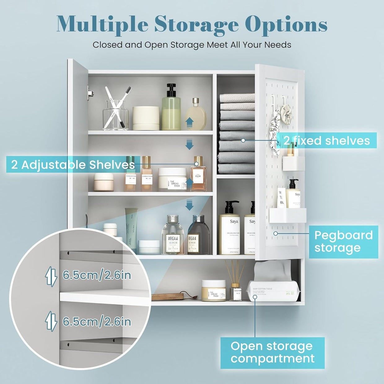 LED Bathroom Mirror Cabinet with Pegboard & Adjustable Shelves, 70x75cm - Kwikley