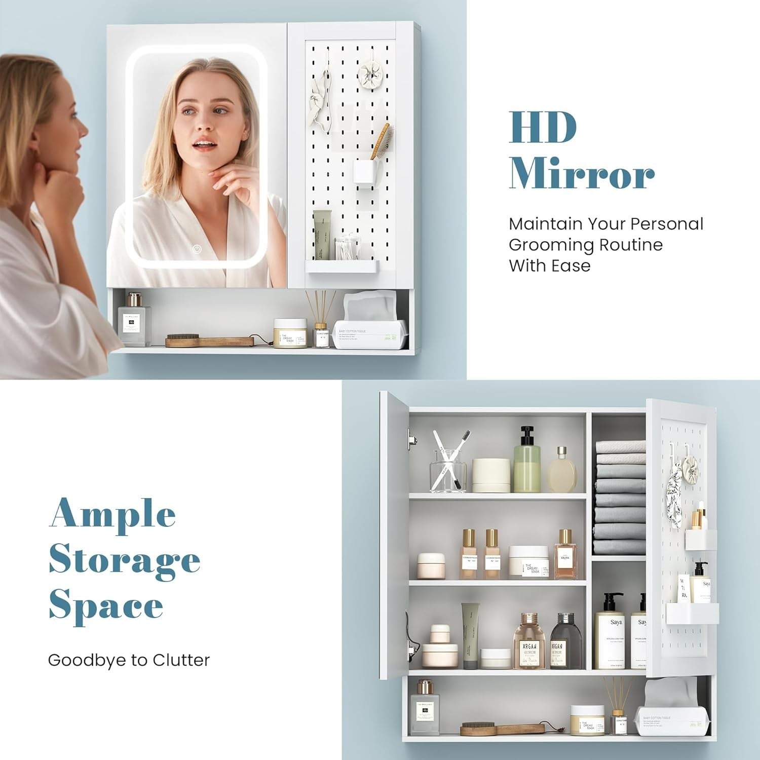 LED Bathroom Mirror Cabinet with Pegboard & Adjustable Shelves, 70x75cm - Kwikley
